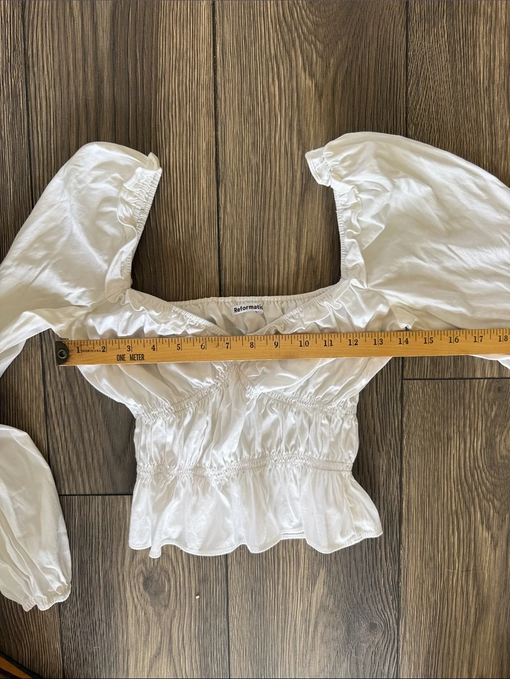 REFORMATION WHITE RUCHED PUFF SLEEVE TOP SIZE S